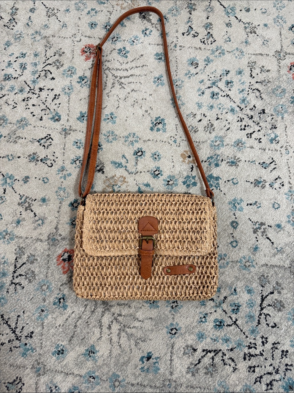 Woven Straw Crossbody Bag with Brown Faux-Leather Trim